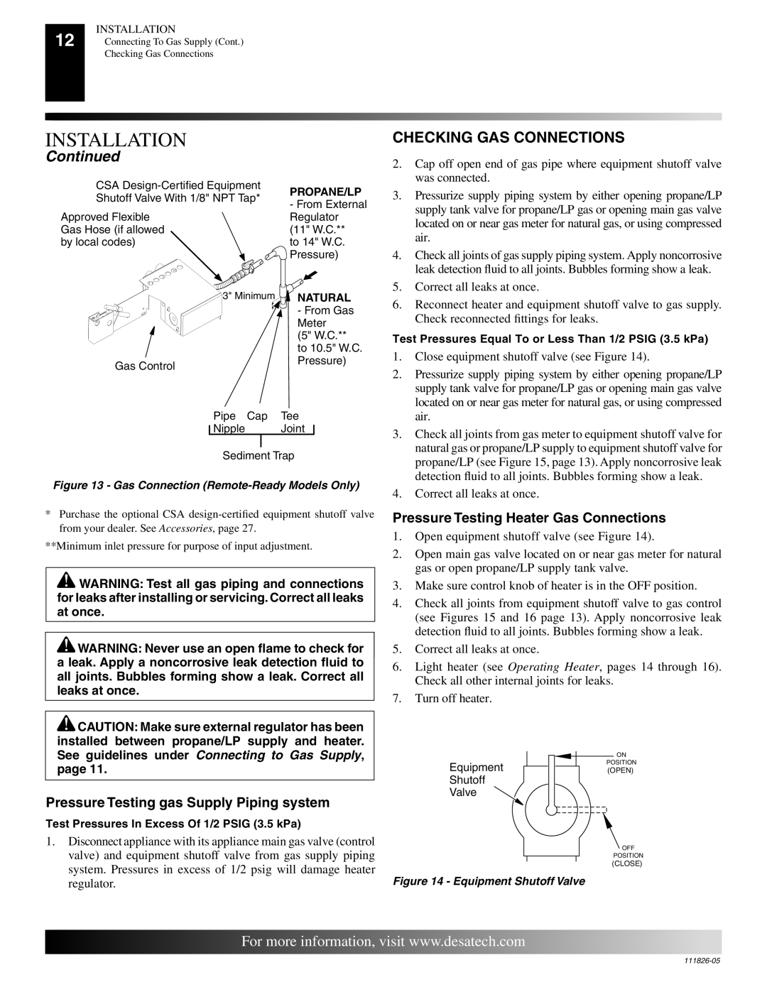 Desa VF-18P-EMU, VF-18N-EMU, VF-24P-EMU, VF-24N-EMU Checking GAS Connections, Pressure Testing gas Supply Piping system 