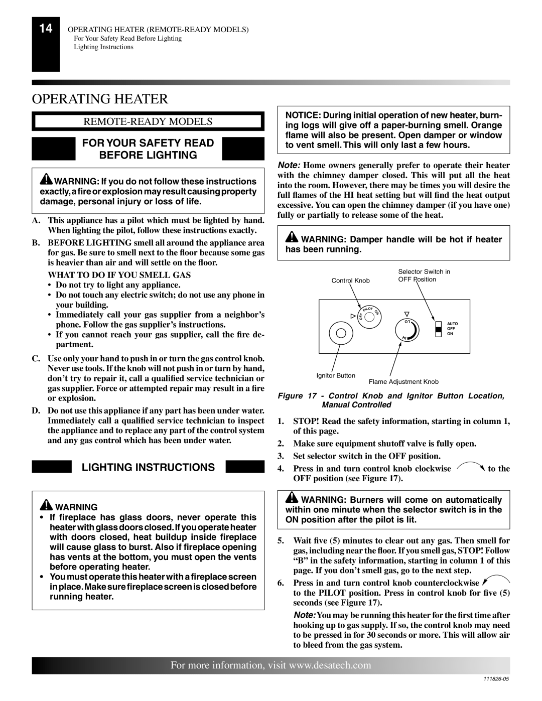 Desa VF-24P-EMU, VF-18P-EMU, VF-18N-EMU Operating Heater, For Your Safety Read Before Lighting, Lighting Instructions 