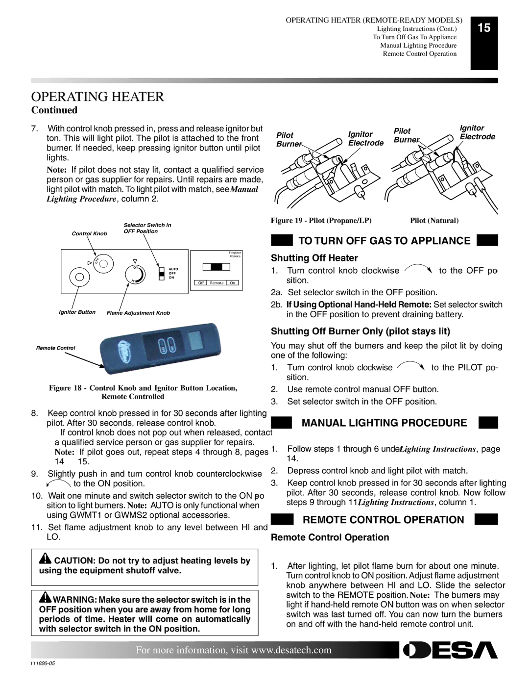 Desa VF-24N-EMU, VF-18P-EMU, VF-18N-EMU To Turn OFF GAS to Appliance, Manual Lighting Procedure, Remote Control Operation 