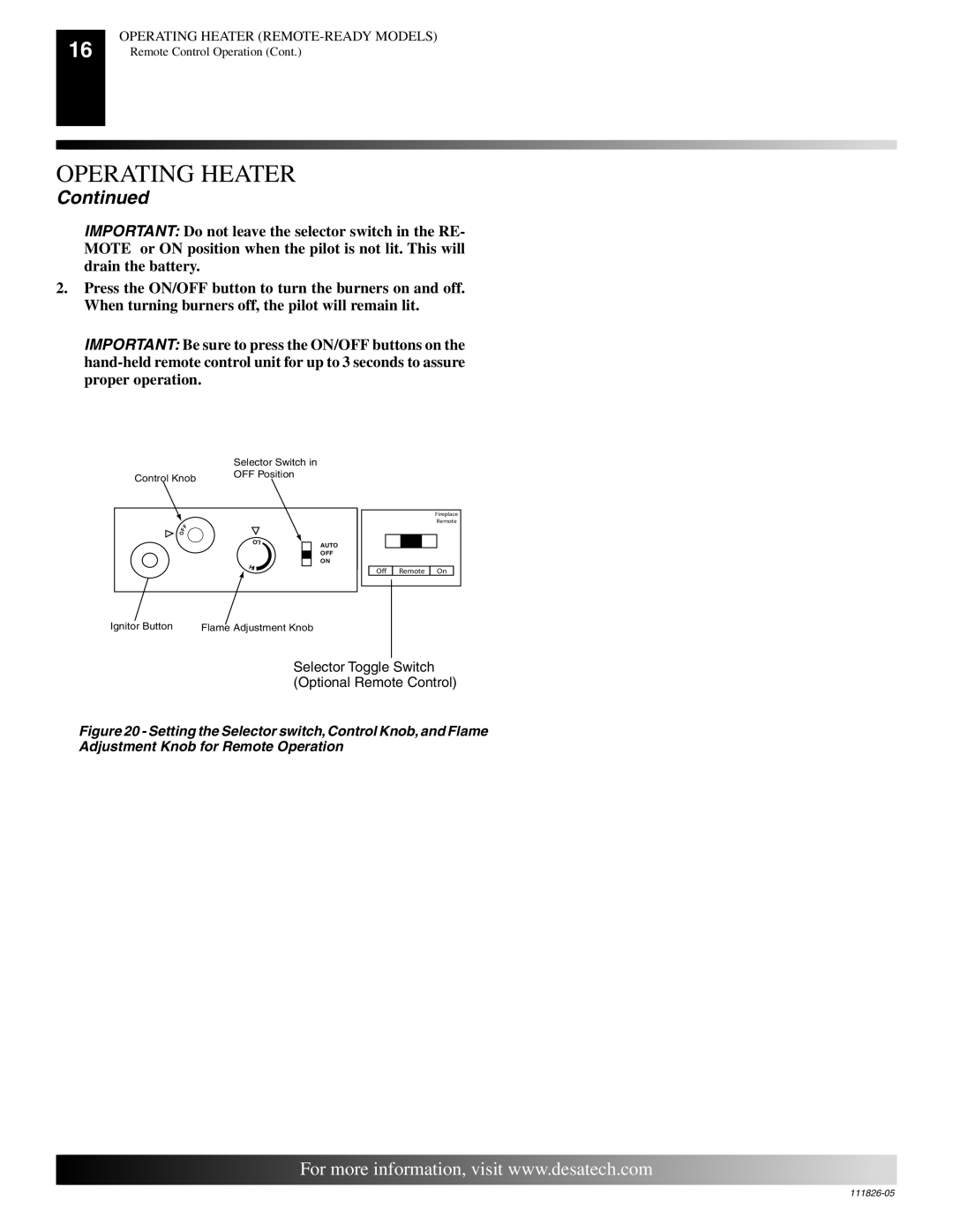 Desa VF-18P-EMU, VF-18N-EMU, VF-24P-EMU, VF-24N-EMU installation manual Selector Toggle Switch Optional Remote Control 