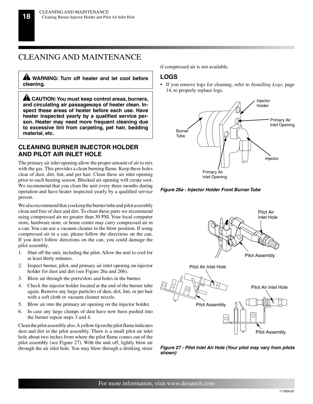 Desa VF-24P-EMU, VF-18P-EMU Cleaning and Maintenance, Cleaning Burner Injector Holder and Pilot AIR Inlet Hole, Logs 