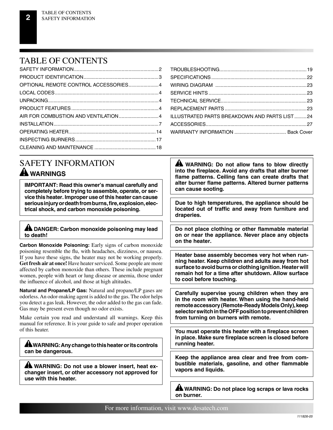 Desa VF-24P-EMU, VF-18P-EMU, VF-18N-EMU, VF-24N-EMU installation manual Table of Contents, Safety Information 