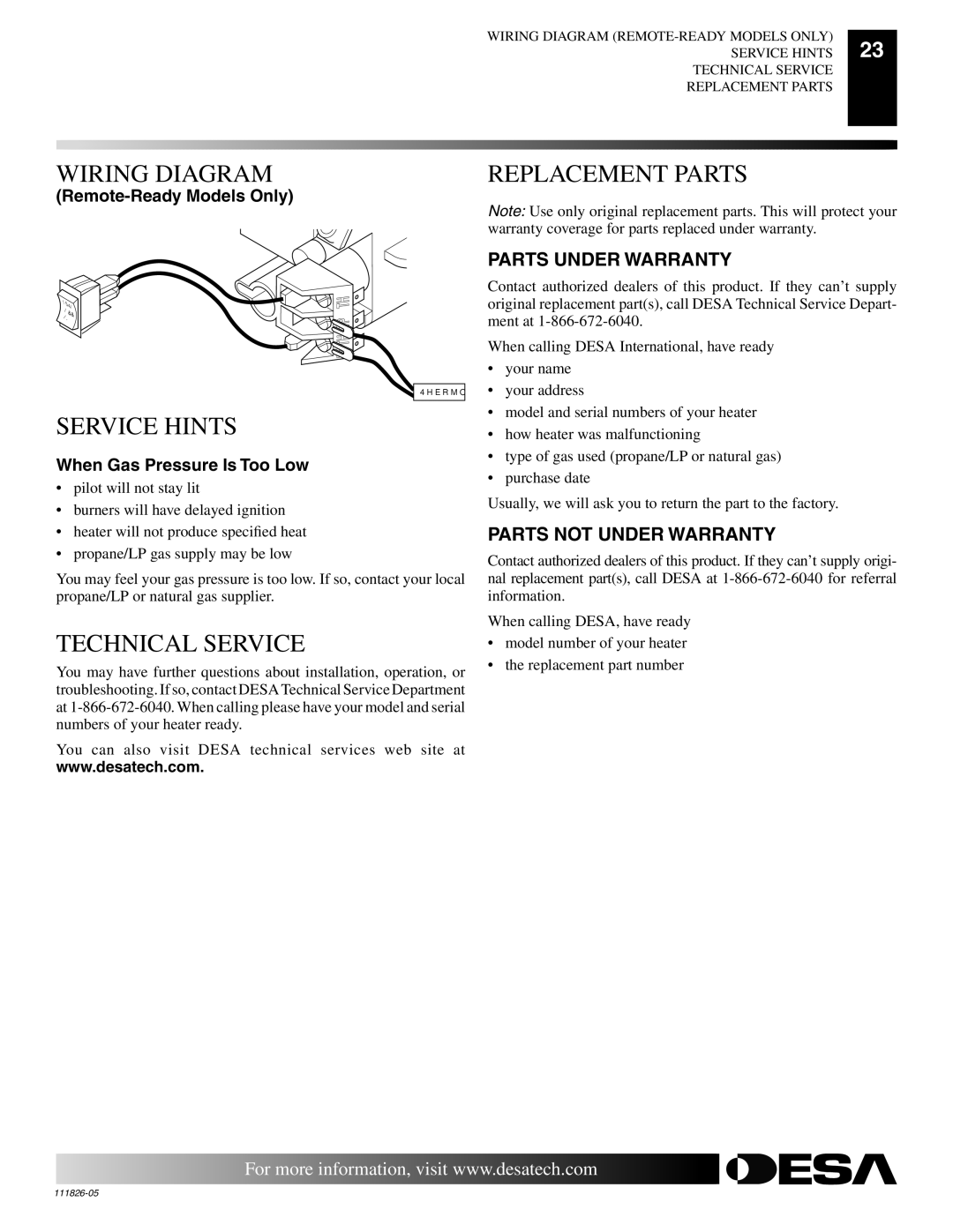 Desa VF-24N-EMU, VF-18P-EMU, VF-18N-EMU, VF-24P-EMU Wiring Diagram, Service Hints, Technical Service, Replacement Parts 