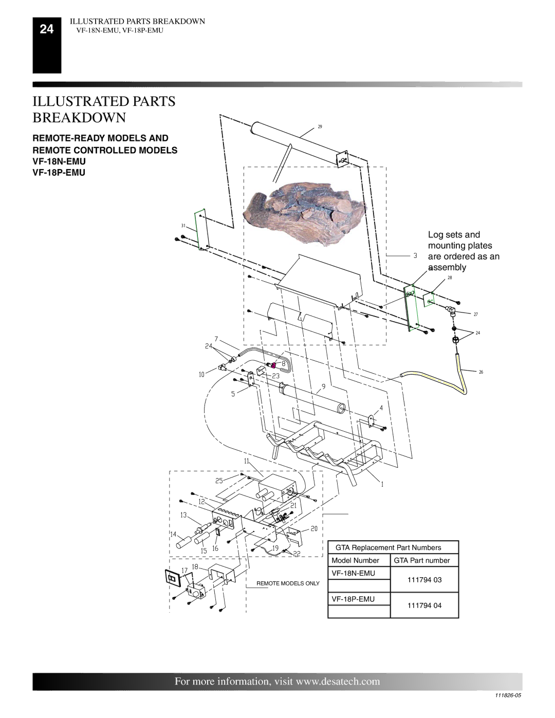 Desa VF-18P-EMU, VF-18N-EMU Illustrated Parts Breakdown, Log sets and mounting plates are ordered as an assembly 