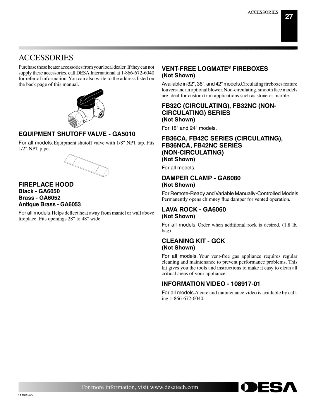 Desa VF-24N-EMU, VF-18P-EMU, VF-18N-EMU, VF-24P-EMU installation manual Accessories 