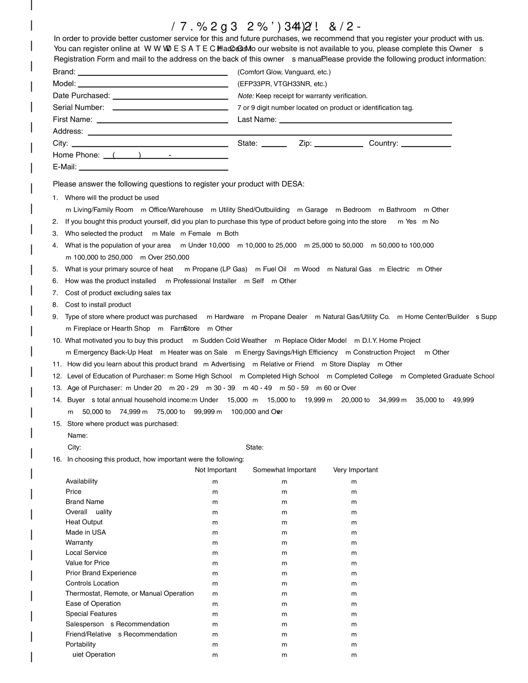 Desa VF-18N-EMU, VF-18P-EMU, VF-24P-EMU, VF-24N-EMU installation manual Owners Registration Form 