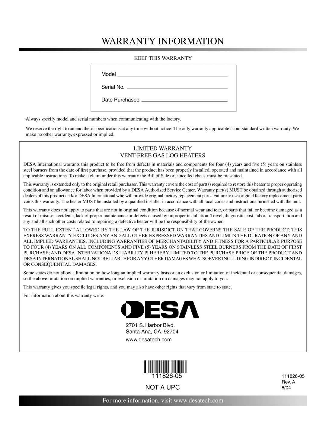 Desa VF-18P-EMU, VF-18N-EMU, VF-24P-EMU, VF-24N-EMU installation manual Warranty Information 