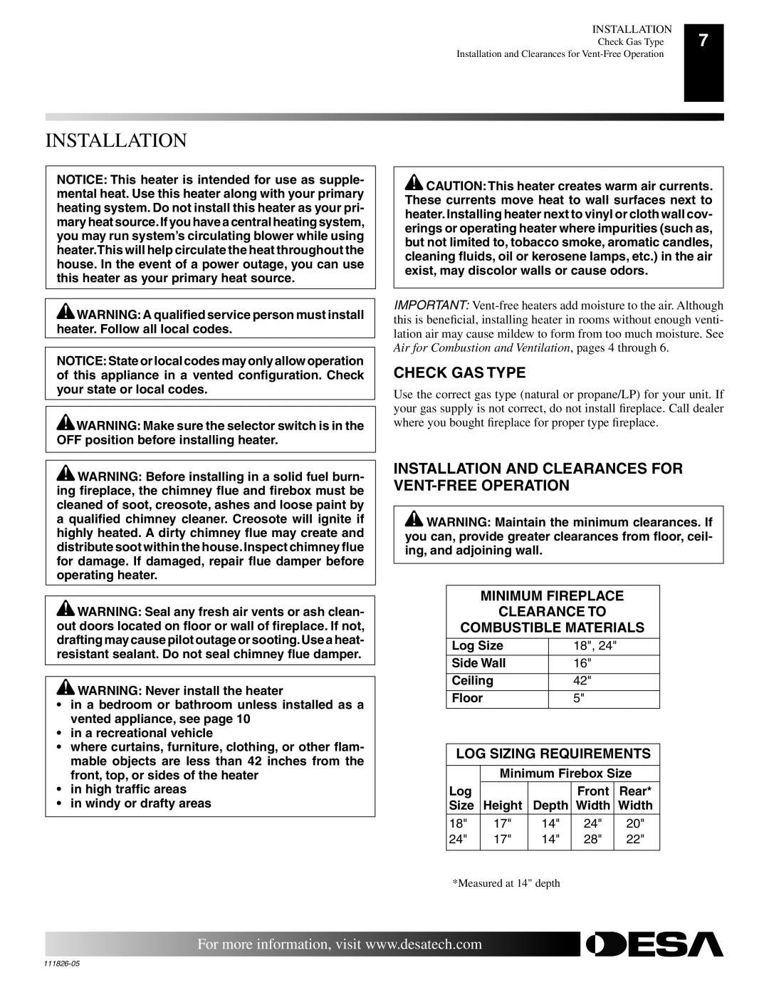 Desa VF-24N-EMU, VF-18P-EMU, VF-18N-EMU, VF-24P-EMU Check GAS Type, Installation and Clearances for VENT-FREE Operation 