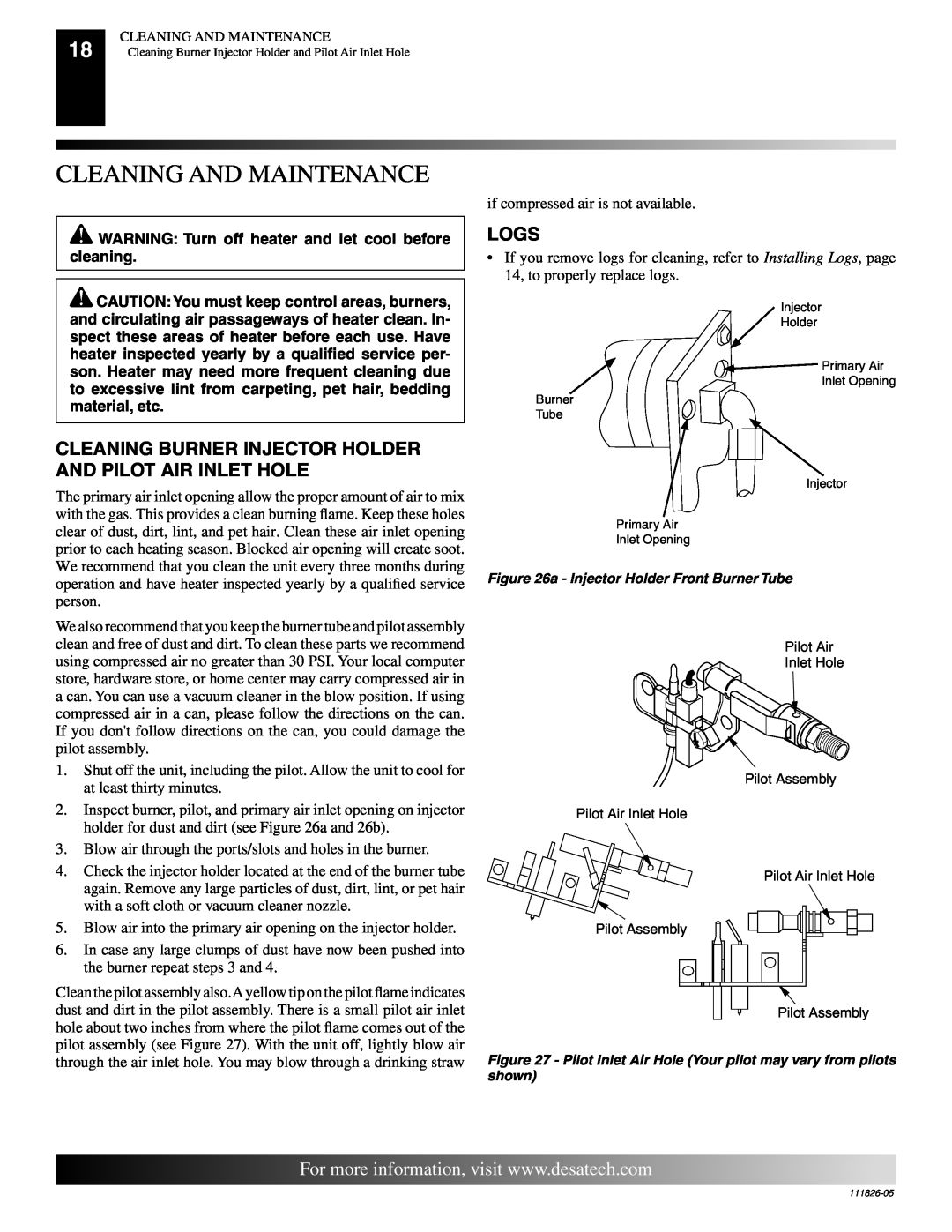 Desa VF-24P-EMU, VF-18P-EMU, VF-18N-EMU, VF-24N-EMU installation manual Cleaning And Maintenance, Logs 