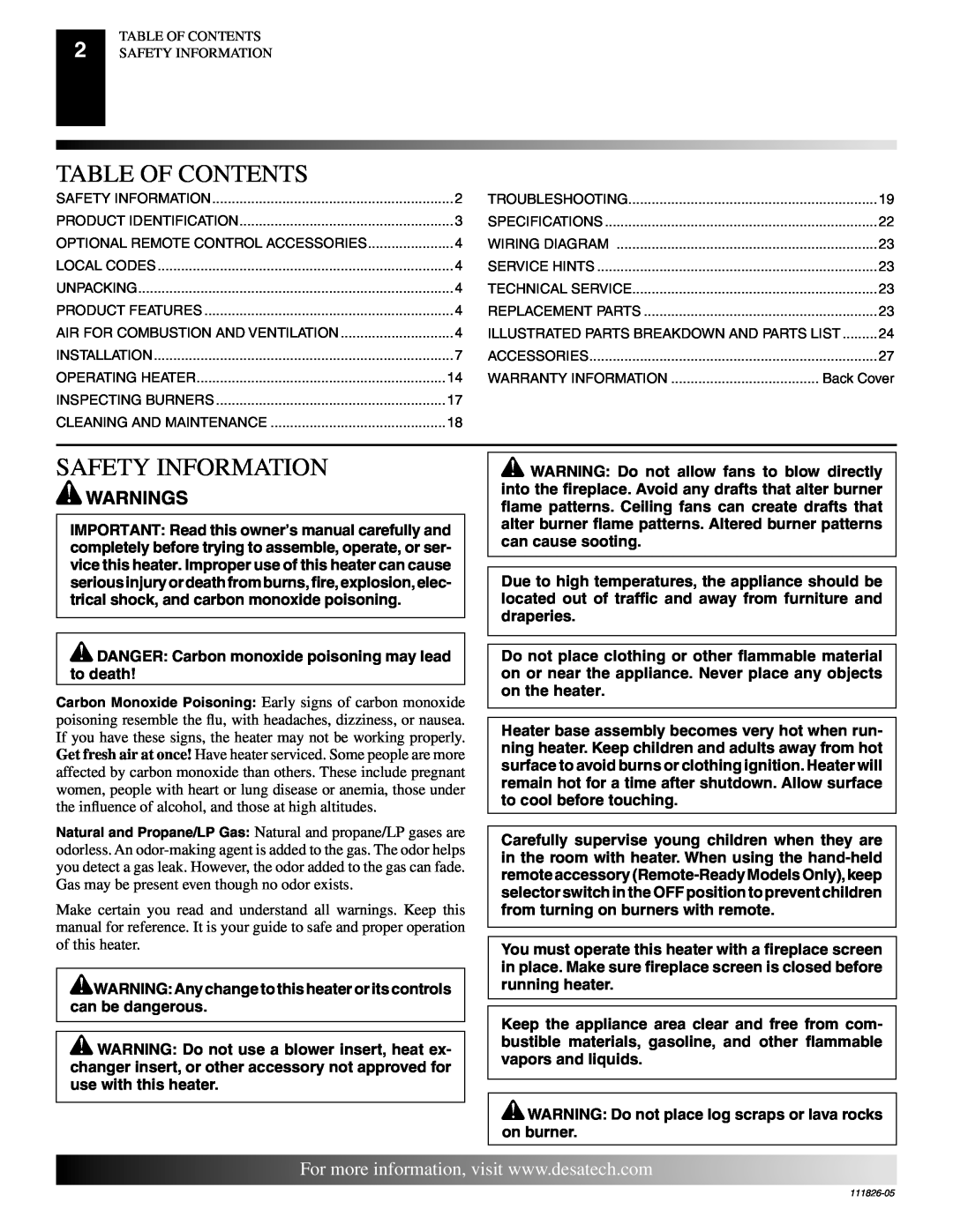 Desa VF-24P-EMU, VF-18P-EMU, VF-18N-EMU, VF-24N-EMU installation manual Table Of Contents, Safety Information, Warnings 