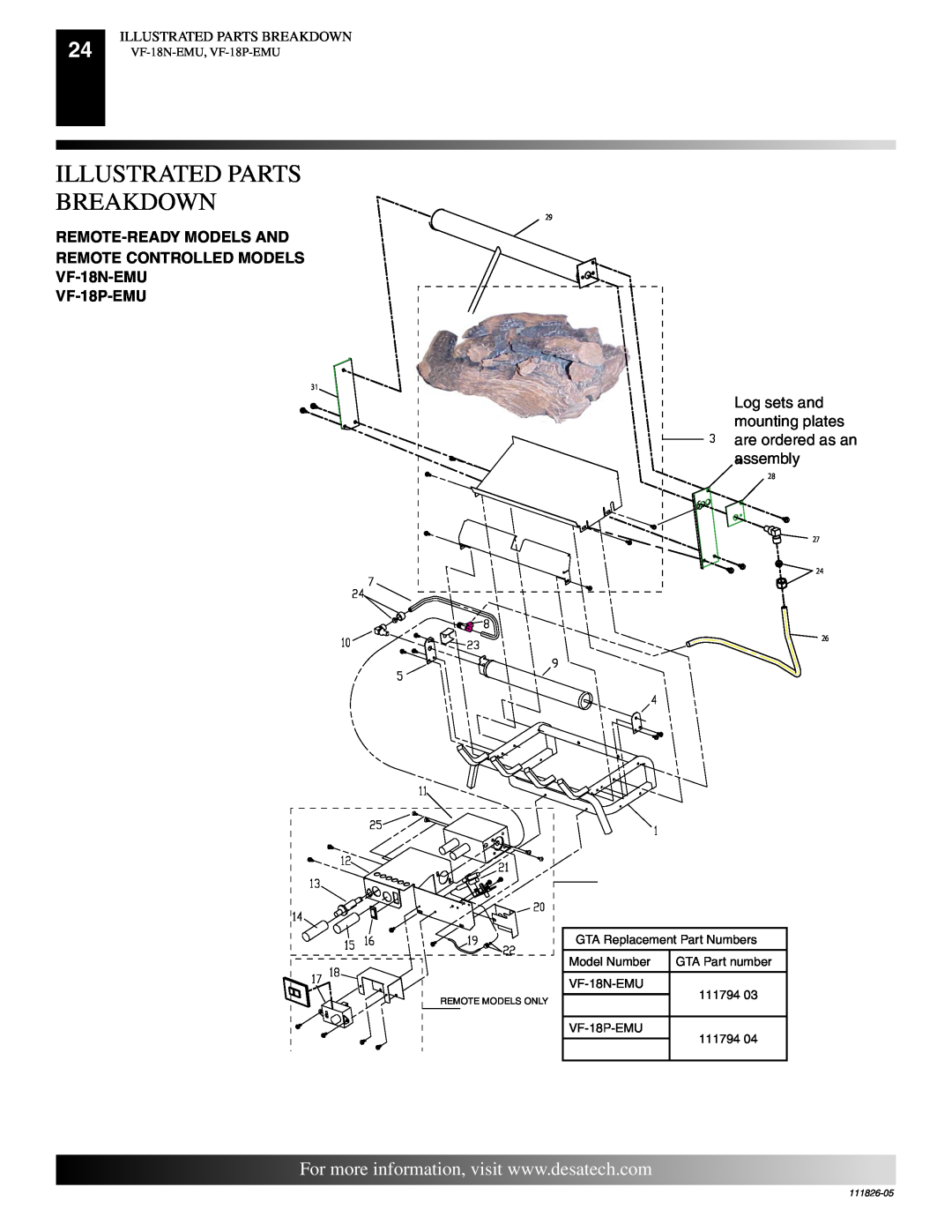 Desa VF-24P-EMU, VF-24N-EMU Illustrated Parts Breakdown, VF-18N-EMU, VF-18P-EMU, Remote Models Only, 111826-05 