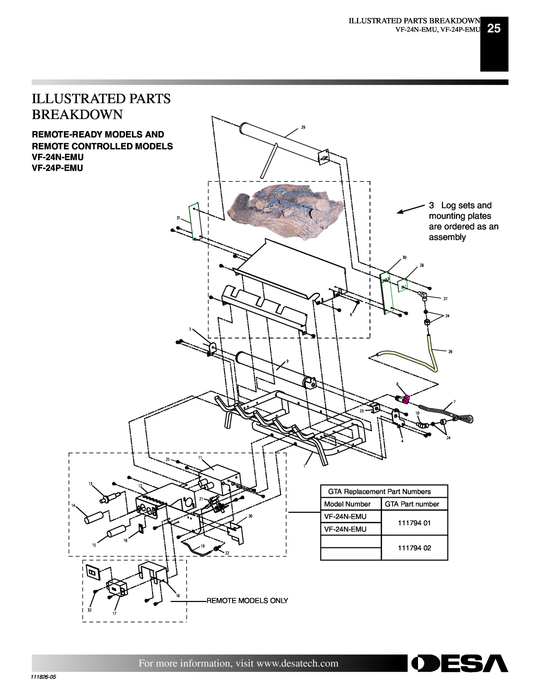 Desa VF-18N-EMU, VF-18P-EMU installation manual Illustrated Parts Breakdown, VF-24N-EMU, VF-24P-EMU, 111826-05 