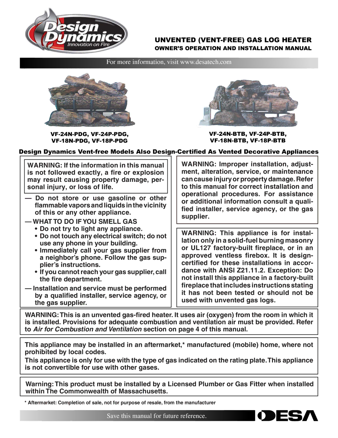 Desa VF-24N-BTB, VF-18P-PDG installation manual Unvented VENT-FREE GAS LOG Heater, What to do if YOU Smell GAS 