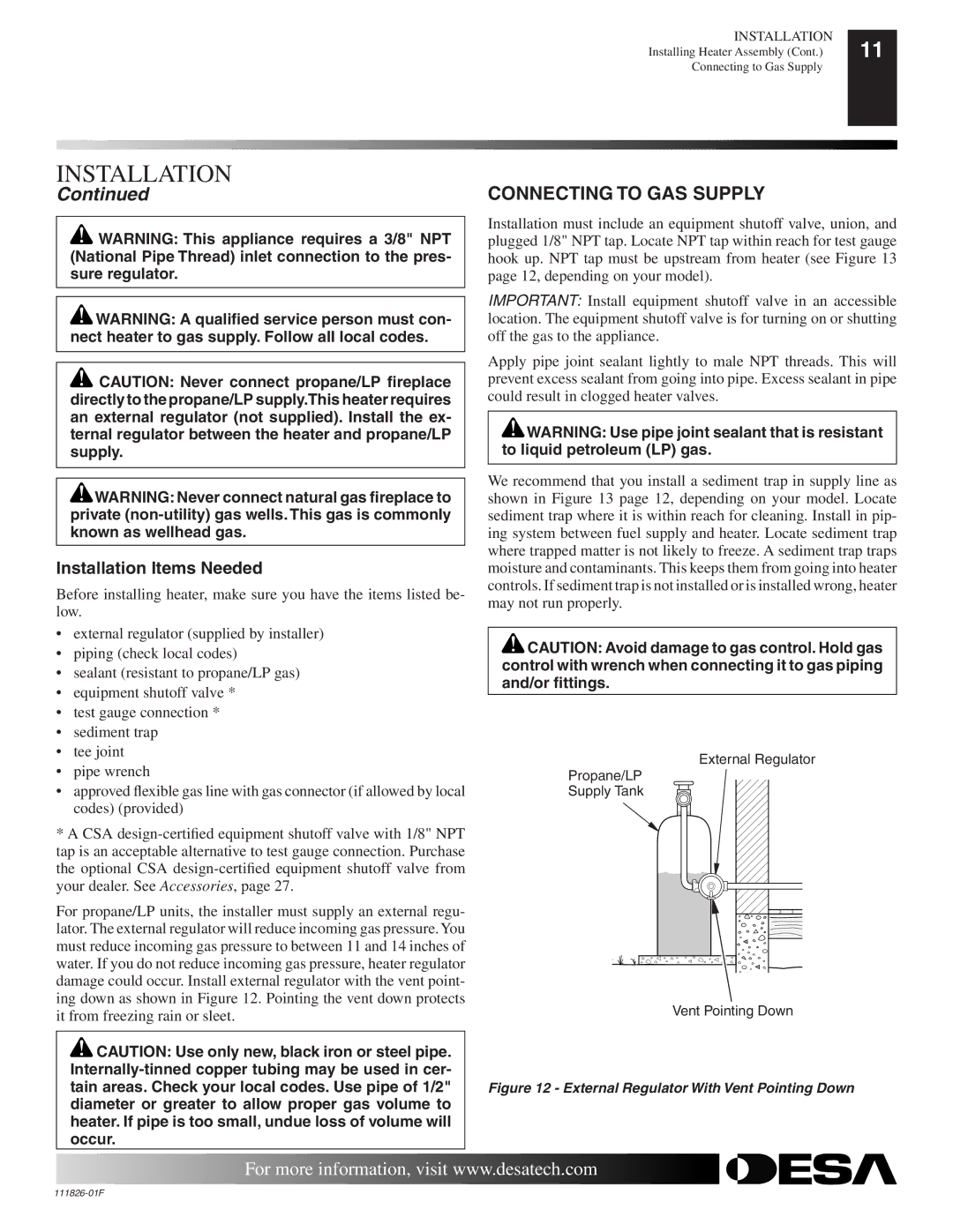 Desa VF-24N-BTB, VF-18P-PDG installation manual Connecting to GAS Supply 