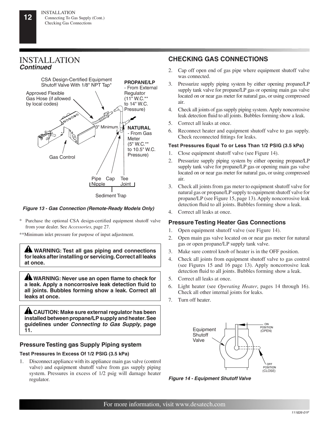 Desa VF-18P-PDG, VF-24N-BTB installation manual Checking GAS Connections, Pressure Testing gas Supply Piping system 