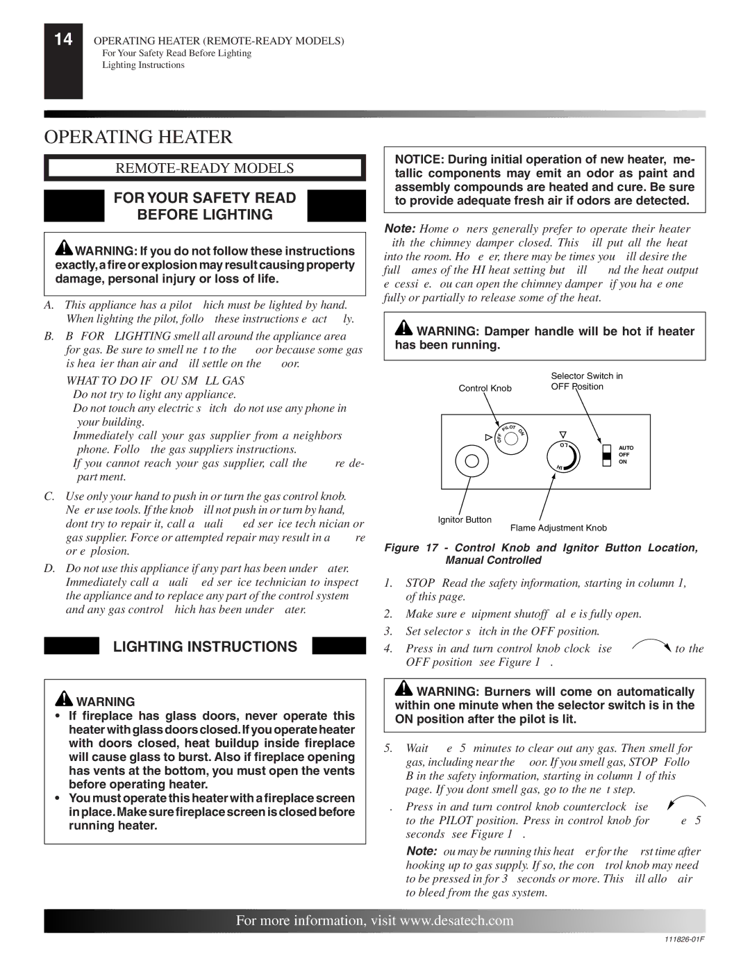 Desa VF-18P-PDG, VF-24N-BTB Operating Heater, For Your Safety Read Before Lighting, Lighting Instructions 