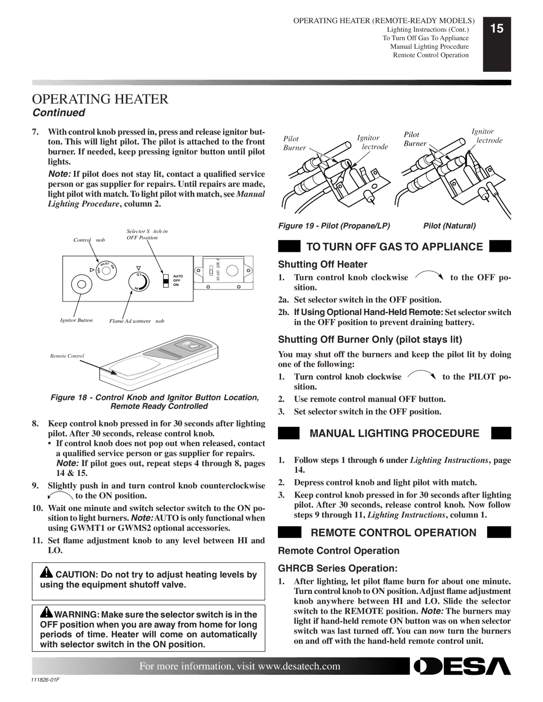 Desa VF-24N-BTB, VF-18P-PDG To Turn OFF GAS to Appliance, Manual Lighting Procedure, Remote Control Operation 