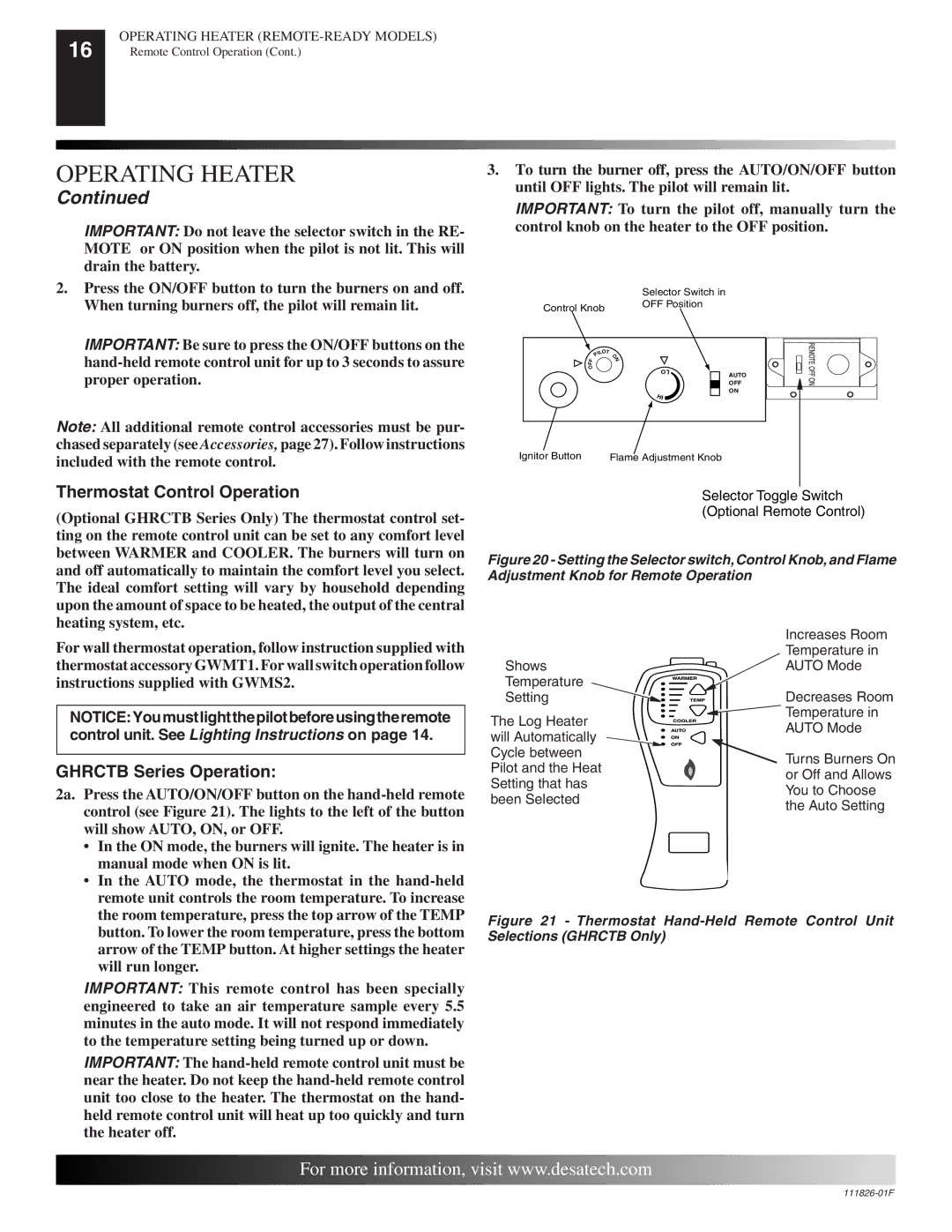 Desa VF-18P-PDG, VF-24N-BTB installation manual Thermostat Control Operation, Ghrctb Series Operation 