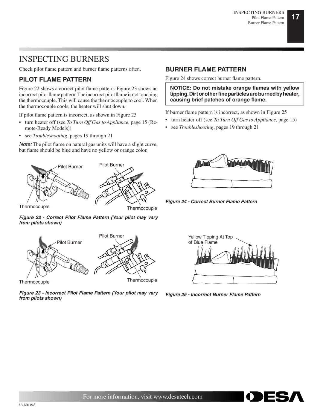 Desa VF-24N-BTB, VF-18P-PDG installation manual Inspecting Burners, Pilot Flame Pattern, Burner Flame Pattern 