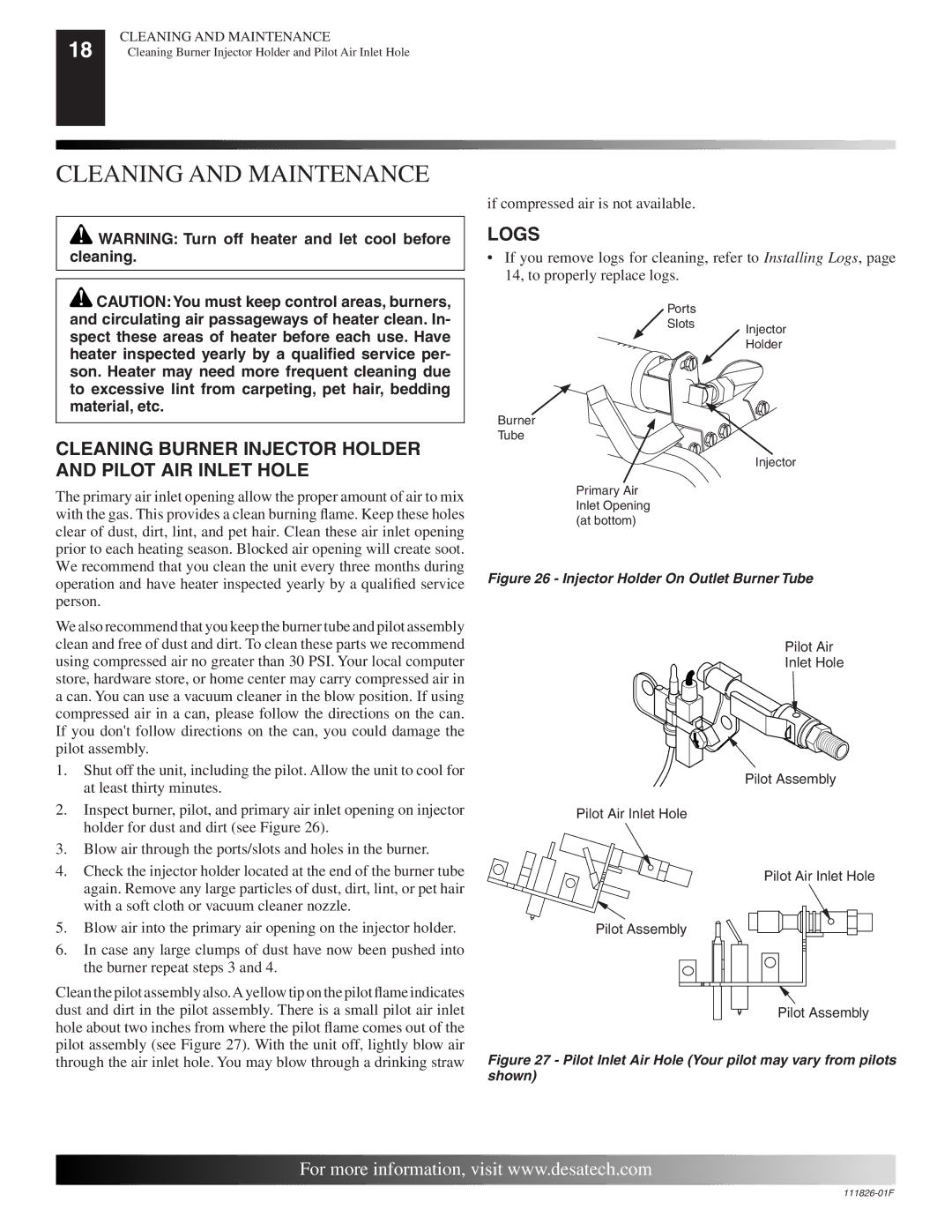 Desa VF-18P-PDG, VF-24N-BTB Cleaning and Maintenance, Logs, Cleaning Burner Injector Holder and Pilot AIR Inlet Hole 