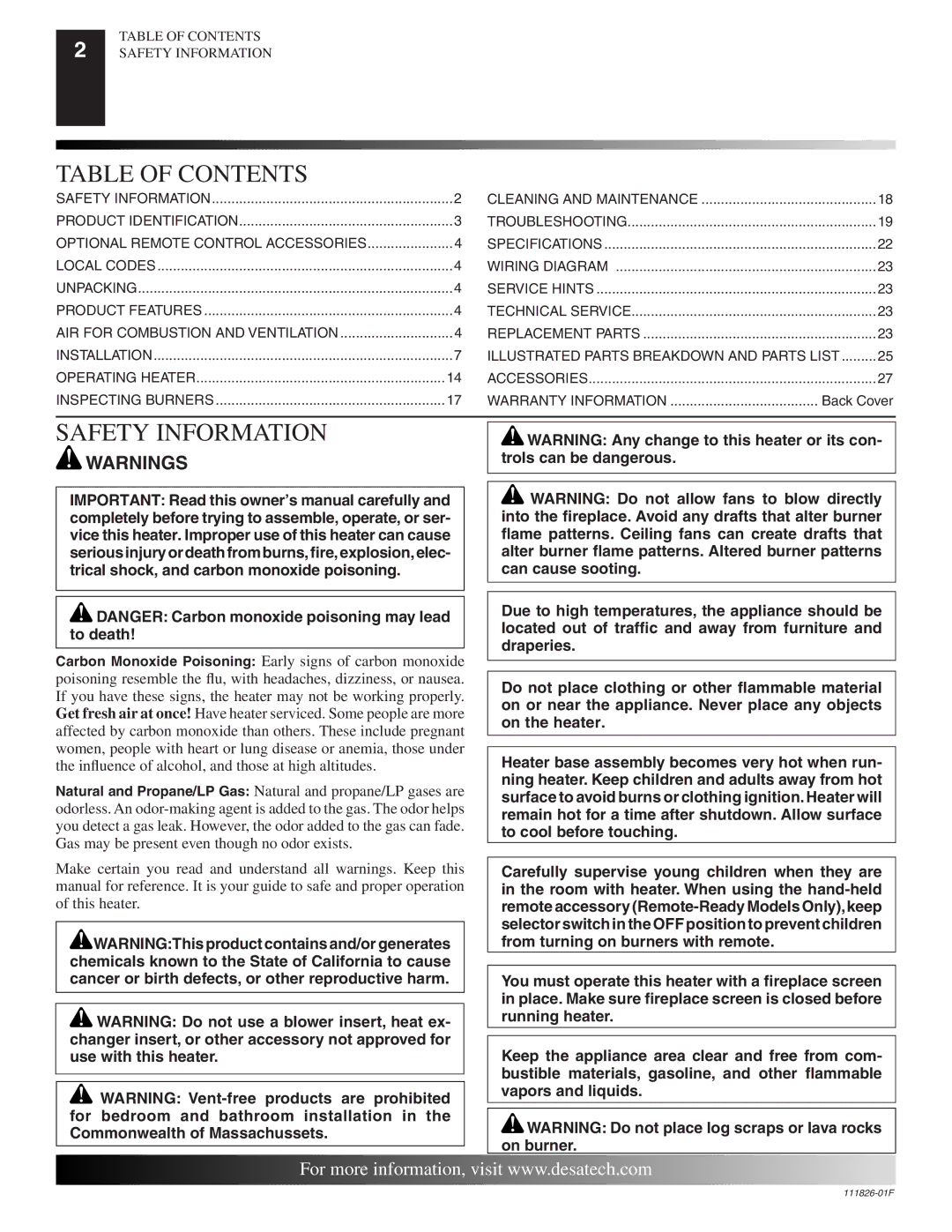 Desa VF-18P-PDG, VF-24N-BTB installation manual Table of Contents, Safety Information 