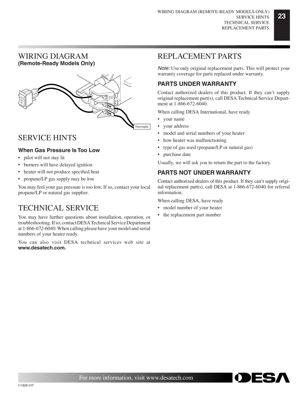 Desa VF-24N-BTB, VF-18P-PDG installation manual Wiring Diagram, Service Hints, Technical Service, Replacement Parts 