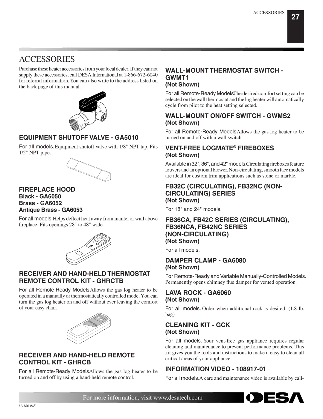 Desa VF-24N-BTB, VF-18P-PDG installation manual Accessories 