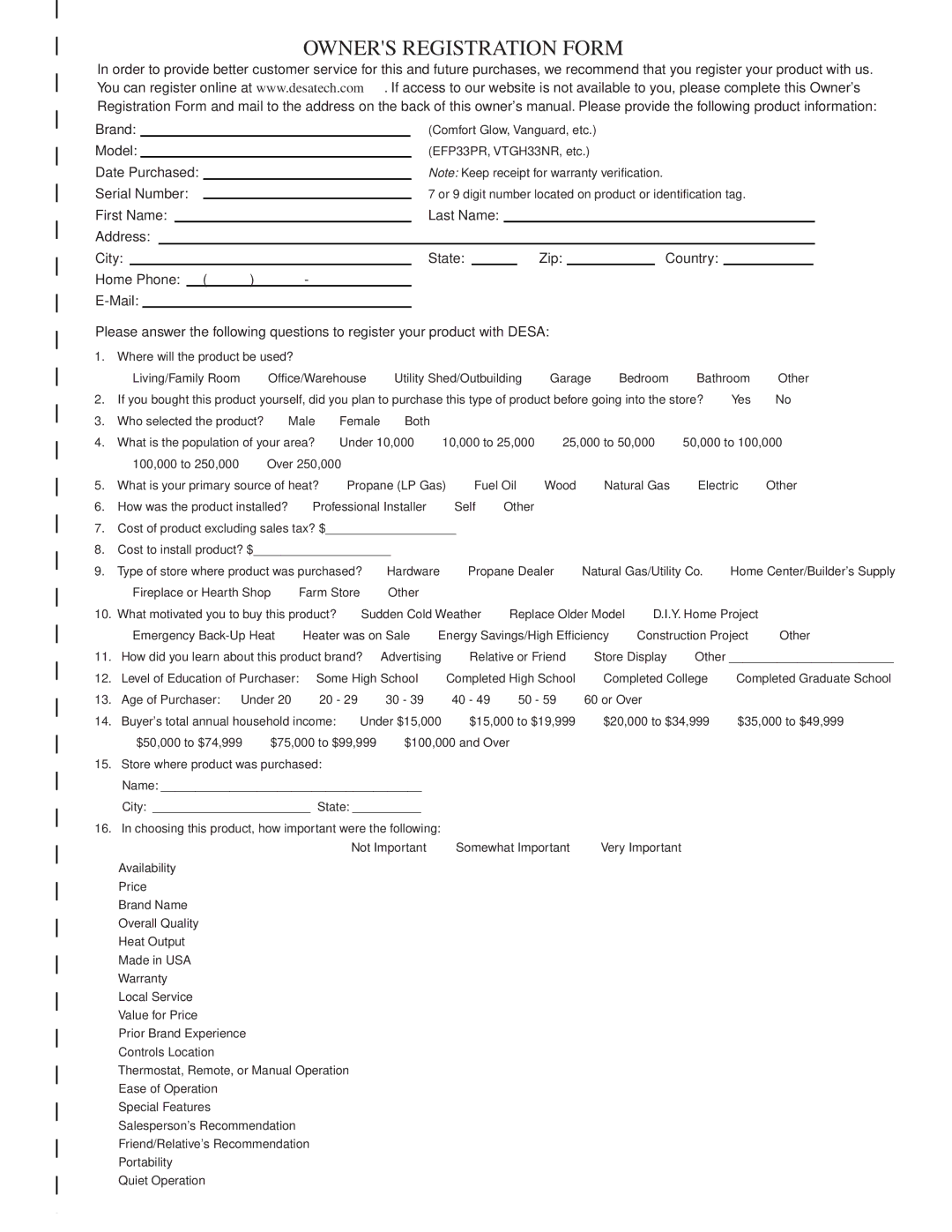 Desa VF-24N-BTB, VF-18P-PDG installation manual Owners Registration Form 