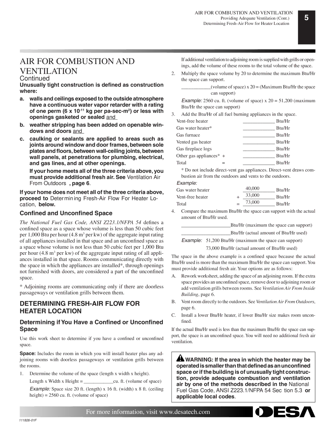 Desa VF-24N-BTB, VF-18P-PDG installation manual Determining FRESH-AIR Flow for Heater Location, Conﬁned and Unconﬁned Space 