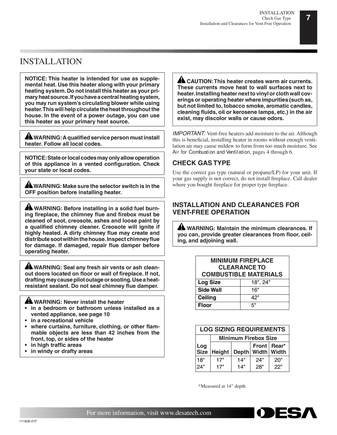 Desa VF-24N-BTB, VF-18P-PDG installation manual Check GAS Type, Installation and Clearances for VENT-FREE Operation 