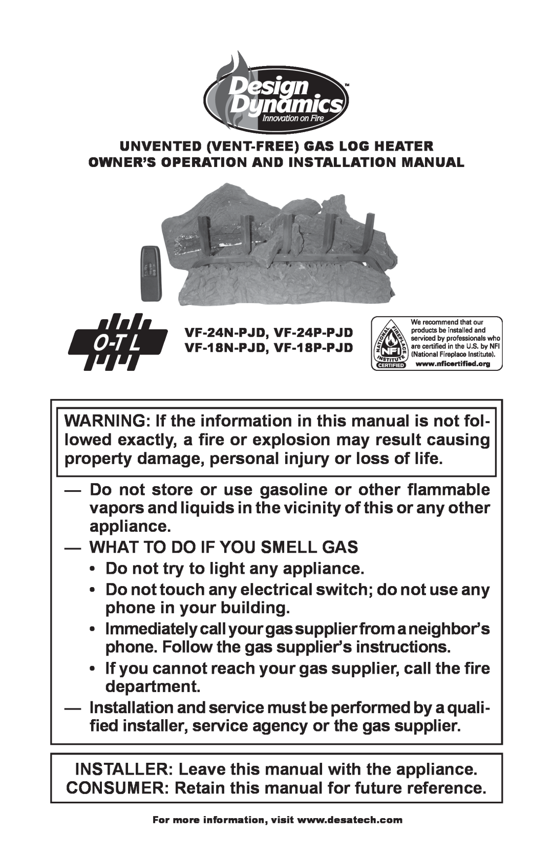 Desa VF-24P-PJD,VF-24N-PJD, VF-18N-PJD, VF-18P-PJD installation manual What To Do If You Smell Gas 
