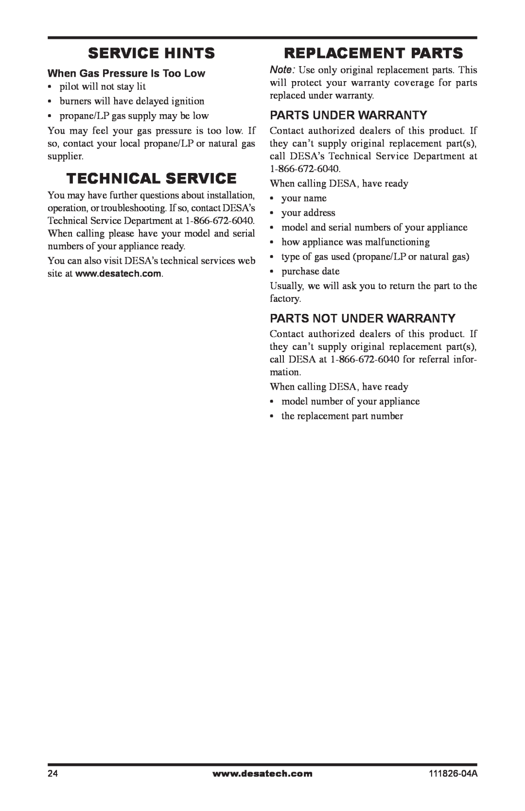 Desa VF-24N-PJD Service Hints, Technical Service, Replacement Parts, Parts Under Warranty, Parts Not Under Warranty 