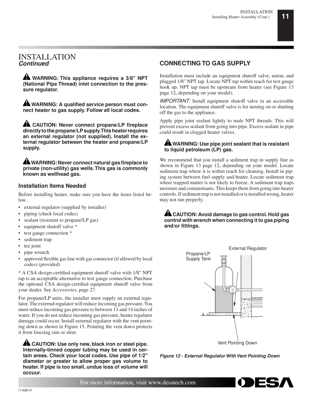 Desa VF-18N-BTB, VF-24P-PDG, VF-24N-PDG, VF-18N-PDG, VF-18P-BTB, VF-24P-BTB installation manual Connecting to GAS Supply 