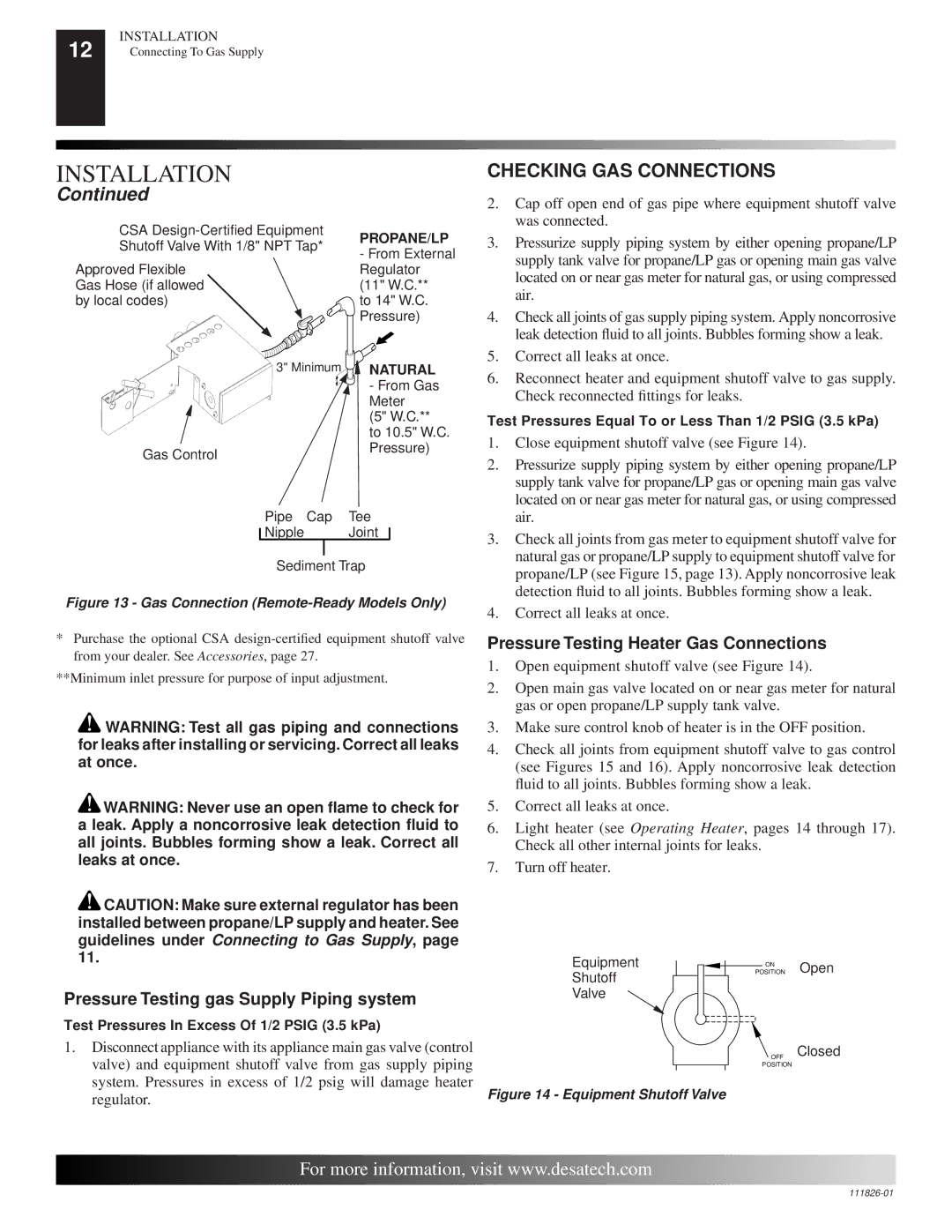 Desa VF-24P-BTB, VF-24P-PDG, VF-24N-PDG, VF-18N-PDG Checking GAS Connections, Pressure Testing gas Supply Piping system 