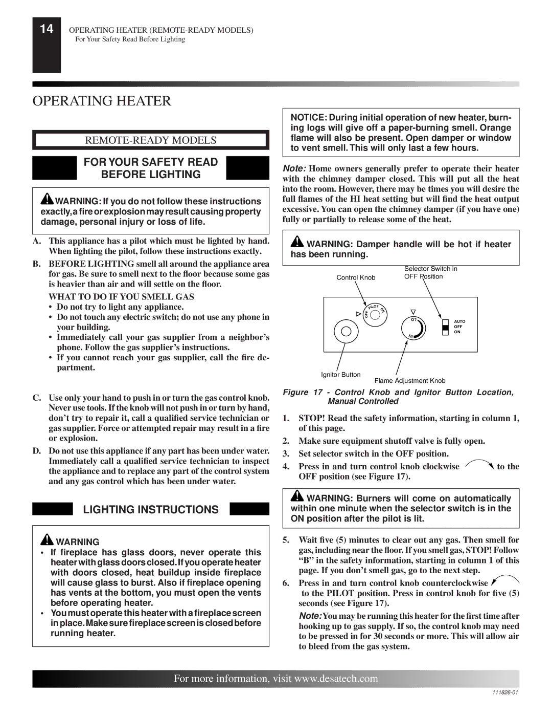 Desa VF-24P-PDG, VF-24N-PDG, VF-18N-PDG Operating Heater, For Your Safety Read Before Lighting, Lighting Instructions 