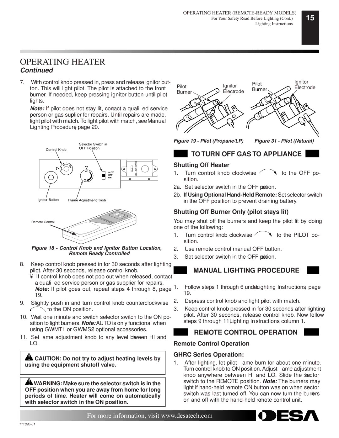 Desa VF-24N-PDG, VF-24P-PDG, VF-18N-PDG To Turn OFF GAS to Appliance, Manual Lighting Procedure, Remote Control Operation 