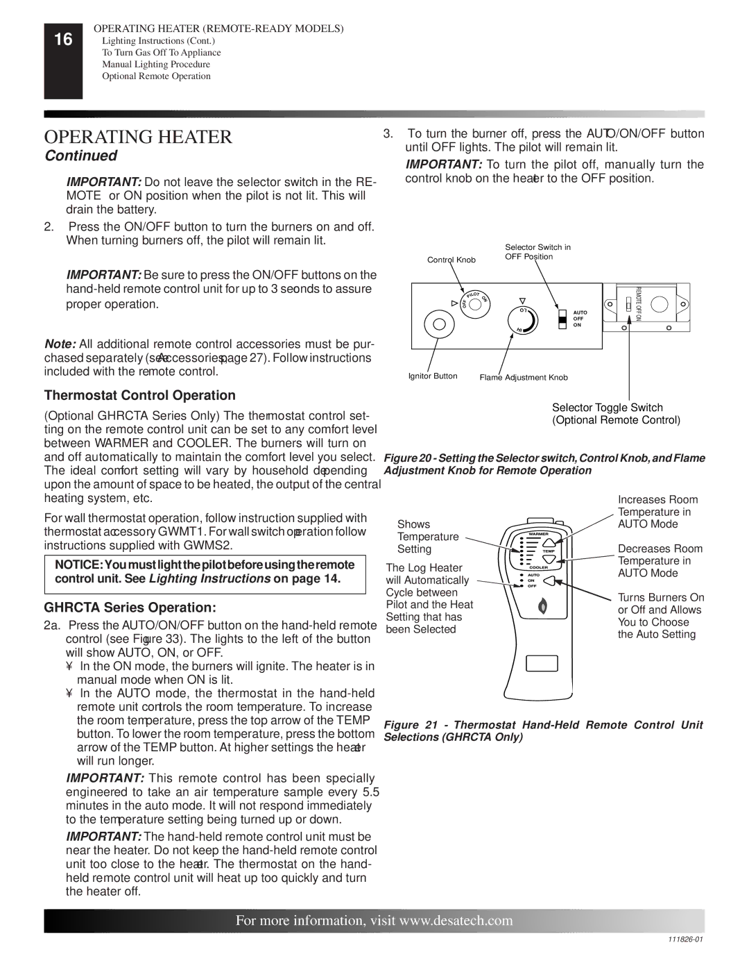 Desa VF-18N-PDG, VF-24P-PDG, VF-24N-PDG, VF-18P-BTB, VF-18N-BTB Thermostat Control Operation, Ghrcta Series Operation 