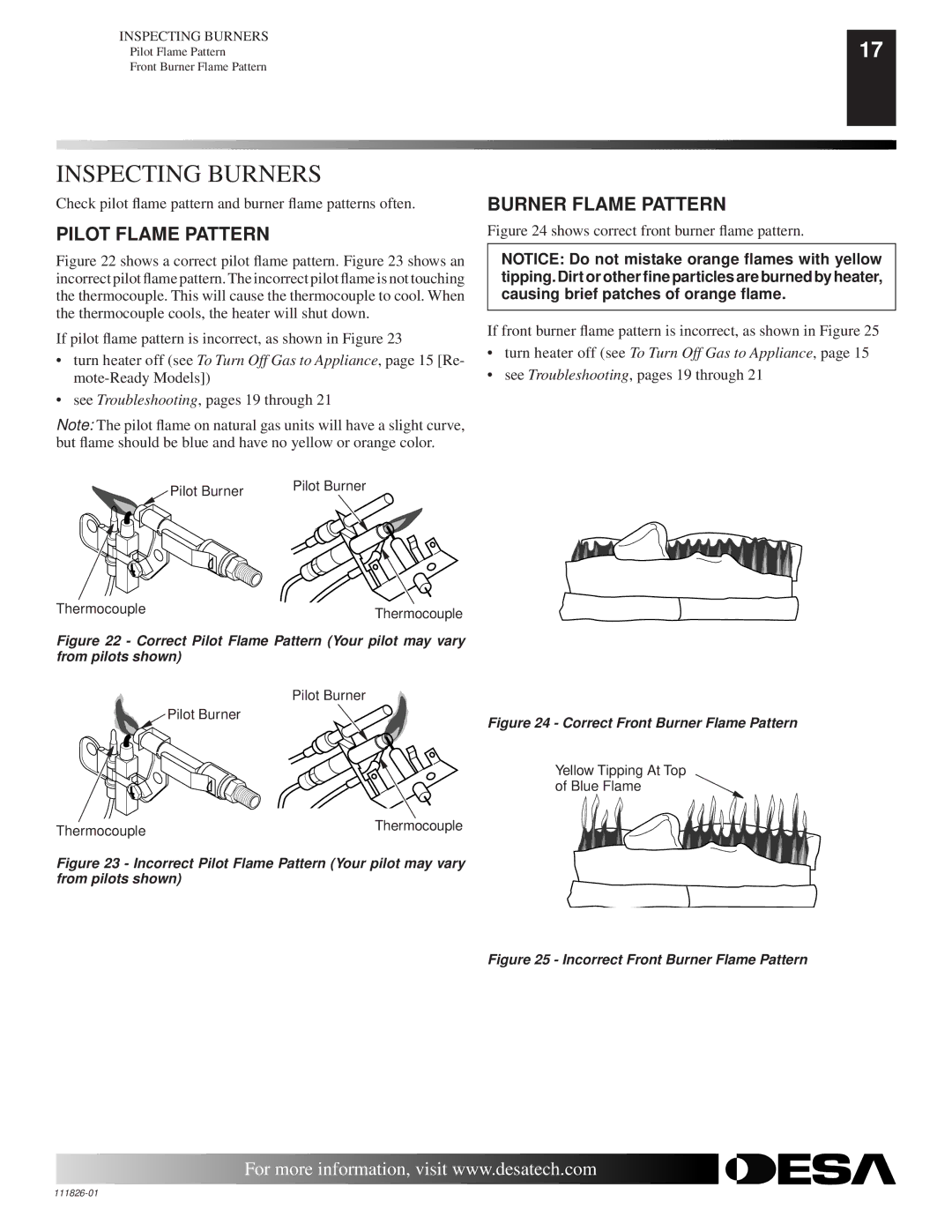 Desa VF-18P-BTB, VF-24P-PDG, VF-24N-PDG, VF-18N-PDG, VF-18N-BTB Inspecting Burners, Pilot Flame Pattern, Burner Flame Pattern 