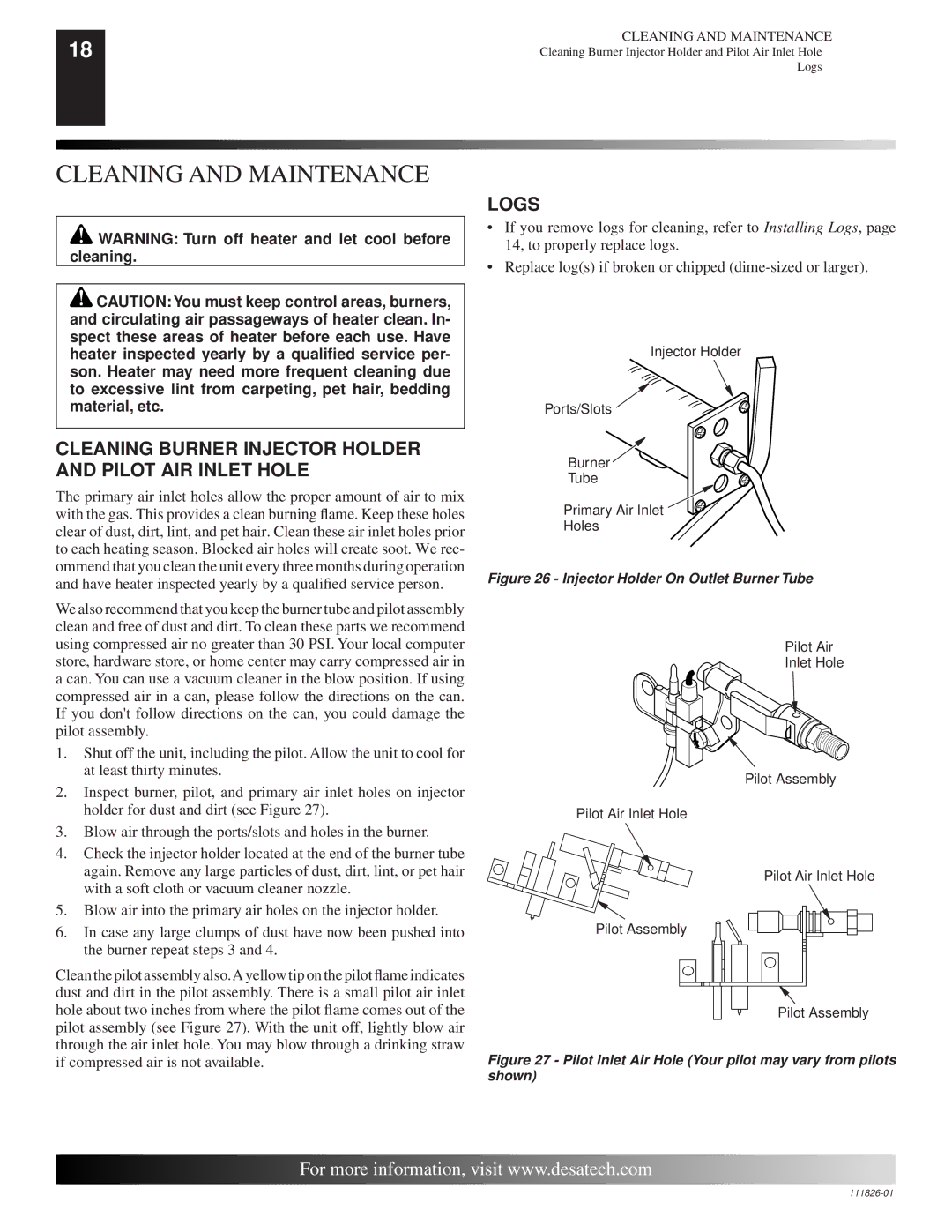 Desa VF-18N-BTB, VF-24P-PDG Cleaning and Maintenance, Cleaning Burner Injector Holder and Pilot AIR Inlet Hole, Logs 