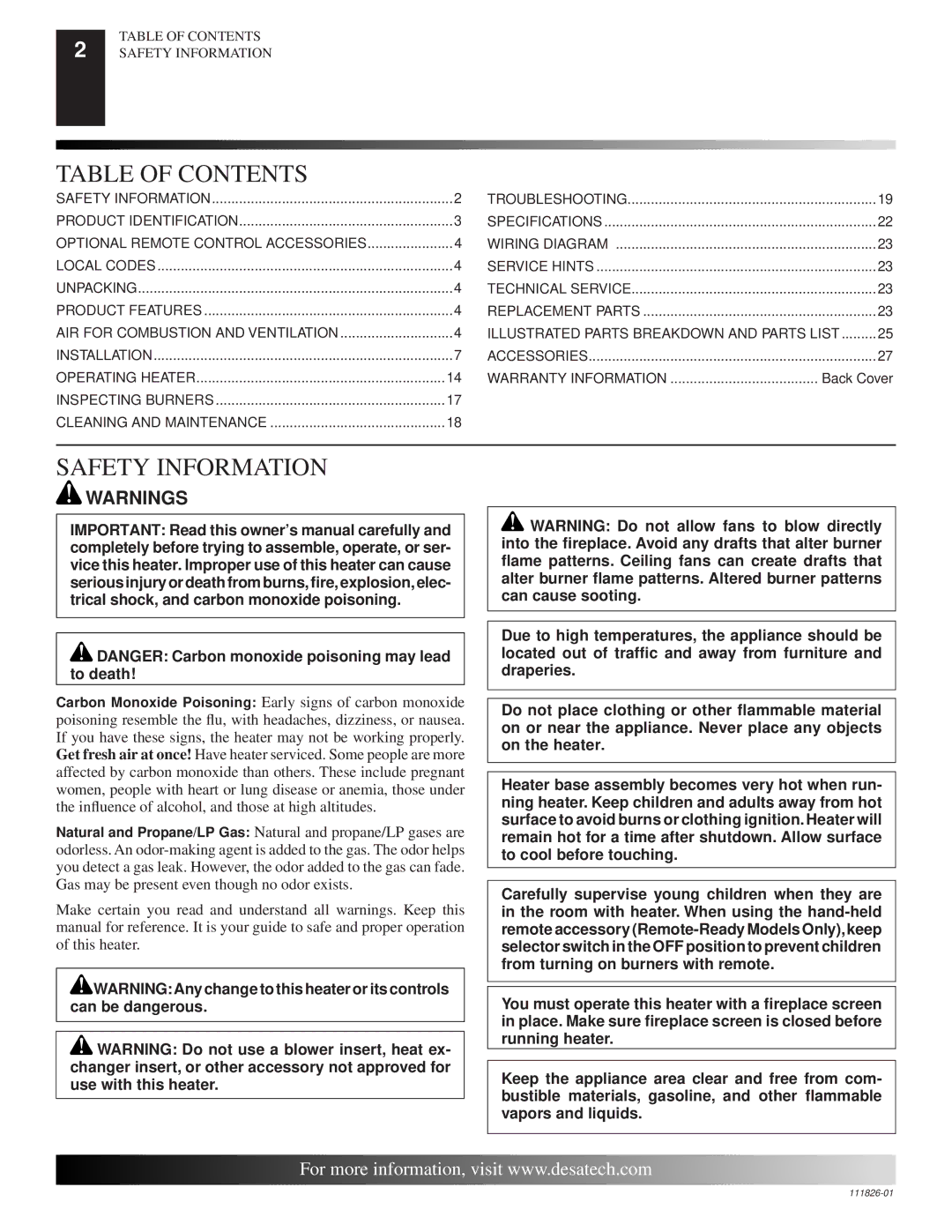 Desa VF-18N-PDG, VF-24P-PDG, VF-24N-PDG, VF-18P-BTB, VF-18N-BTB, VF-24P-BTB Table of Contents, Safety Information 