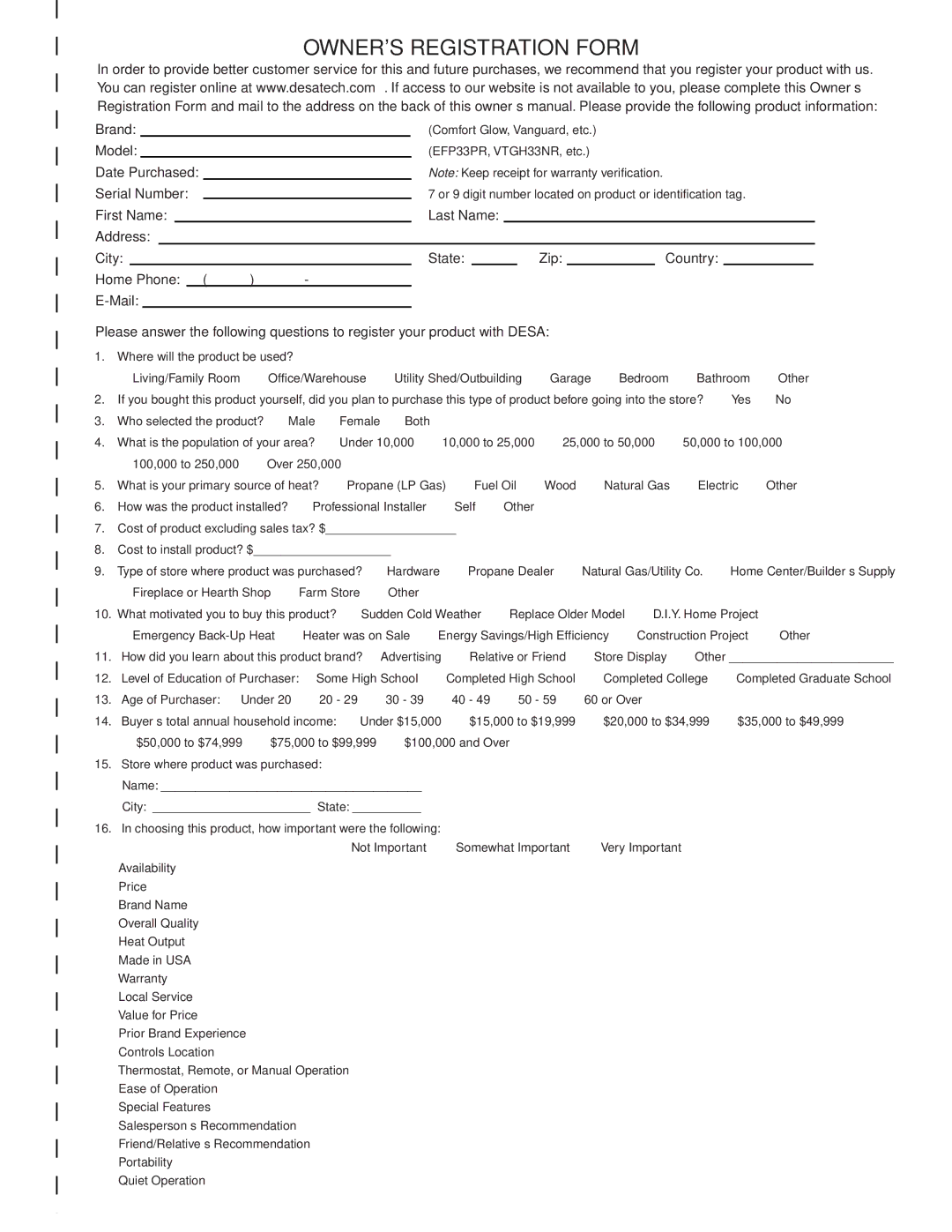 Desa VF-24P-PDG, VF-24N-PDG, VF-18N-PDG, VF-18P-BTB, VF-18N-BTB, VF-24P-BTB installation manual Owners Registration Form 