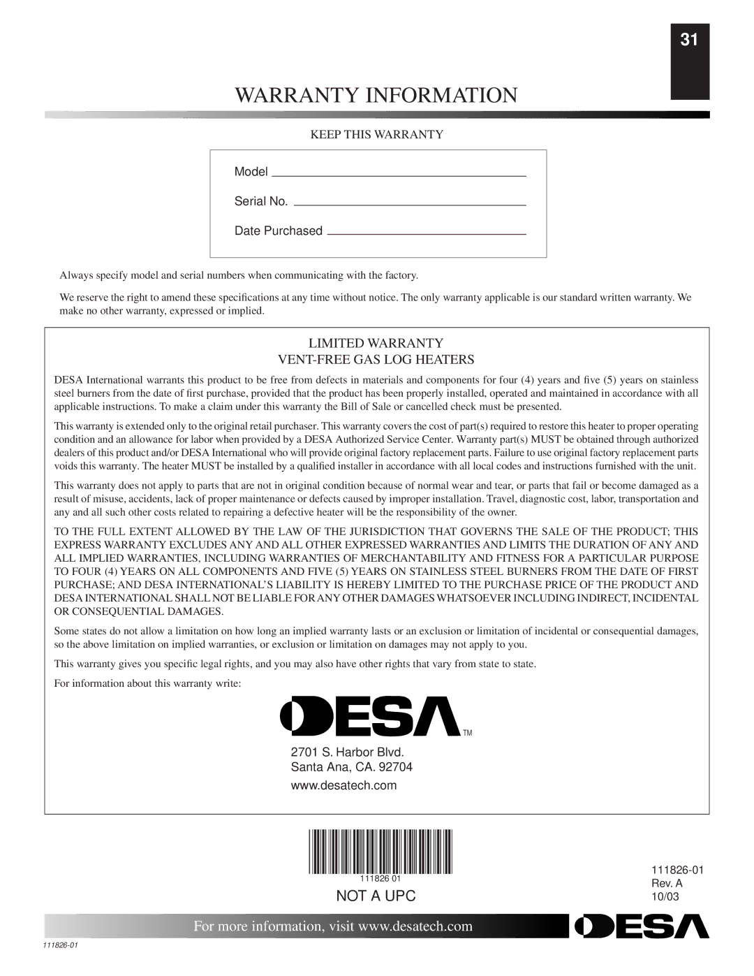 Desa VF-18P-BTB, VF-24P-PDG, VF-24N-PDG, VF-18N-PDG, VF-18N-BTB, VF-24P-BTB installation manual Warranty Information 