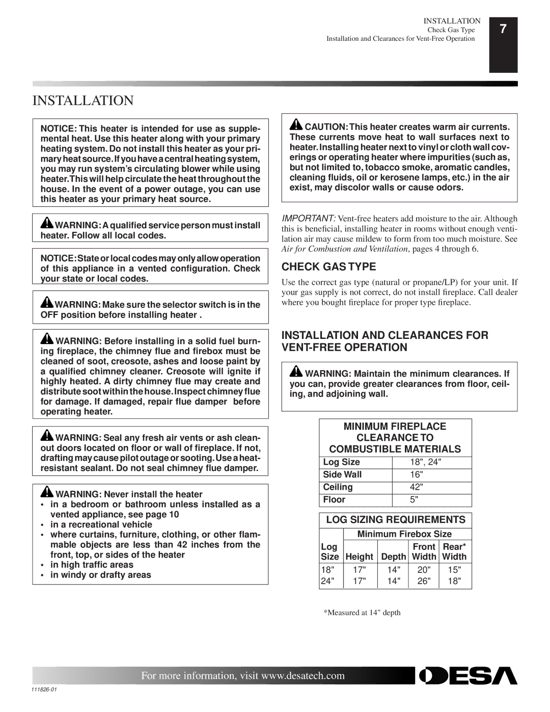 Desa VF-24P-PDG, VF-24N-PDG, VF-18N-PDG, VF-18P-BTB Check GAS Type, Installation and Clearances for VENT-FREE Operation 