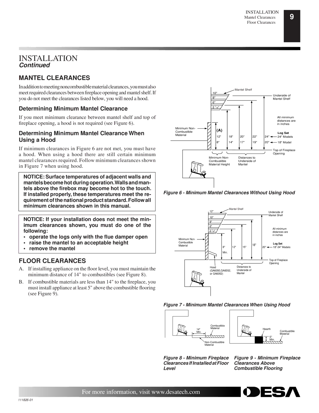 Desa VF-18N-PDG, VF-24P-PDG, VF-24N-PDG Mantel Clearances, Floor Clearances, Determining Minimum Mantel Clearance 