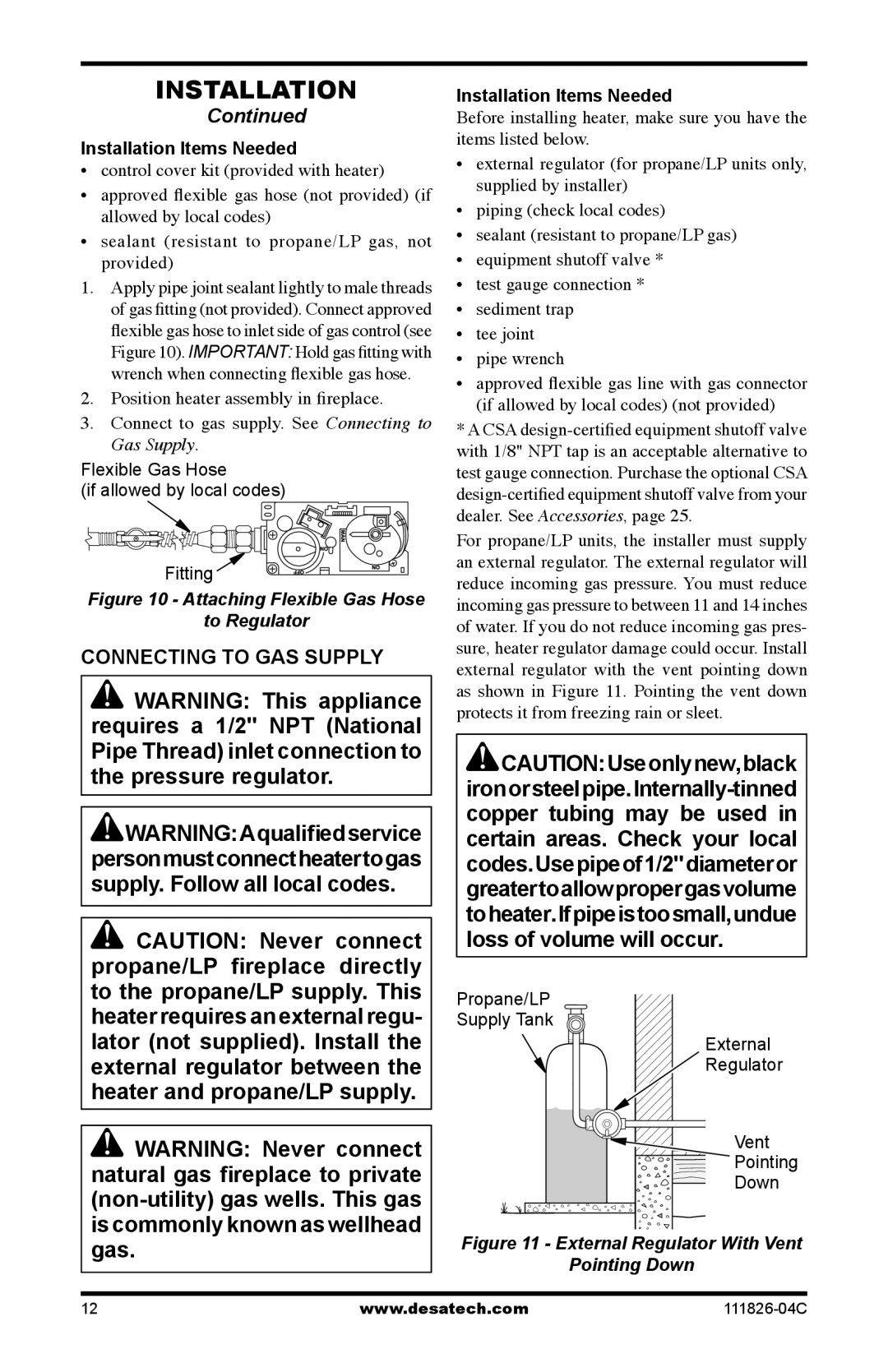 Desa VF-30N-PJD installation manual Connecting to gas supply, Installation Items Needed 