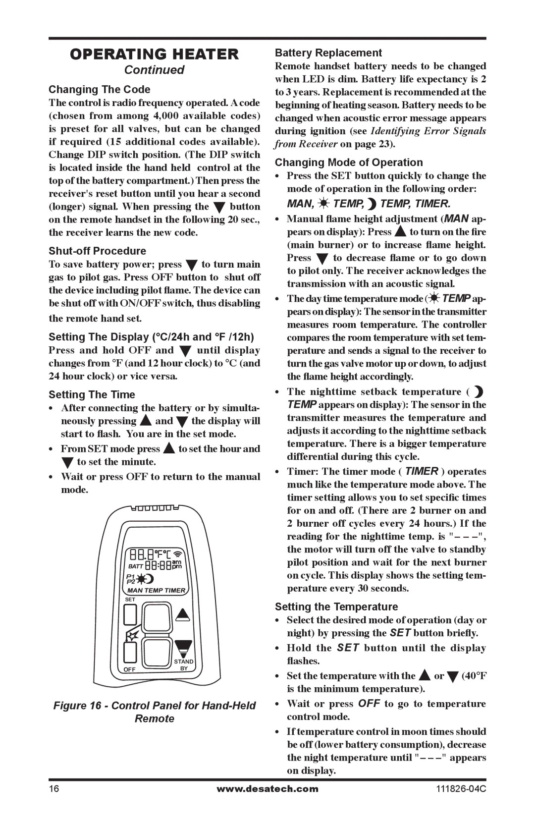 Desa VF-30N-PJD Changing The Code, Shut-off Procedure, Setting The Display C/24h and F /12h, Setting The Time 