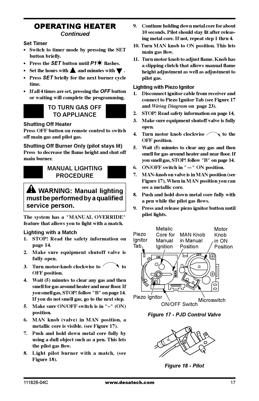 Desa VF-30P-PJD, VF-30N-PJD, VF-24N-PJD, VF-24P-PJD, VF-18N-PJD, VF-18P-PJD To turn gas off To appliance, Manual Lighting 