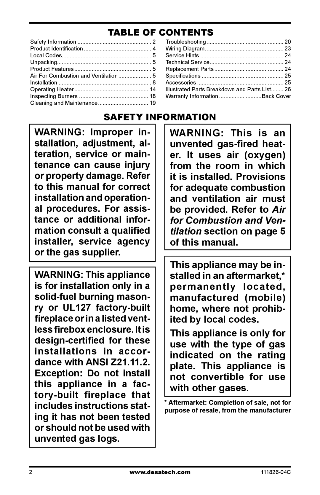 Desa VF-30P-PJD, VF-30N-PJD, VF-24N-PJD, VF-24P-PJD, VF-18N-PJD, VF-18P-PJD installation manual Table of Contents 