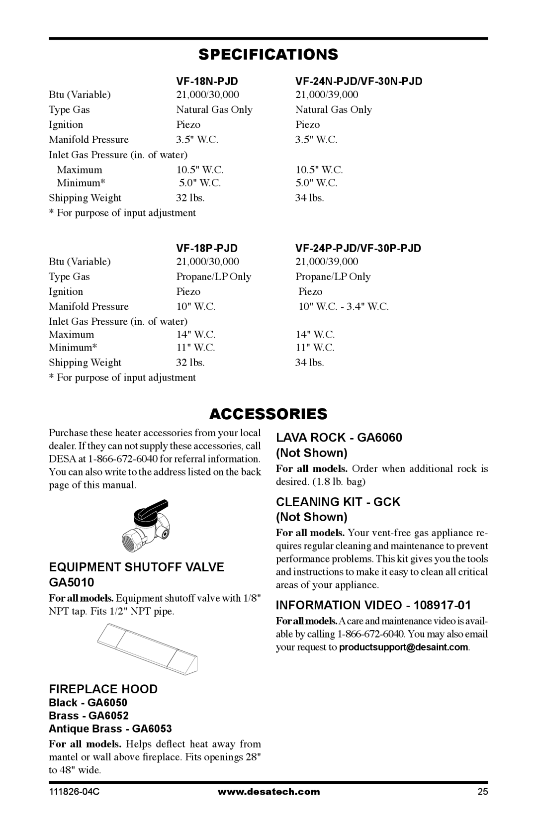 Desa VF-30P-PJD, VF-30N-PJD, VF-24N-PJD, VF-24P-PJD, VF-18N-PJD, VF-18P-PJD Specifications, Accessories, Cleaning KIT GCK 