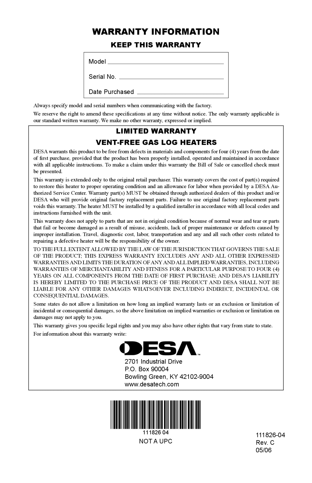 Desa VF-30N-PJD installation manual Warranty Information, Keep this Warranty, Limited Warranty VENT-FREE GAS LOG Heaters 